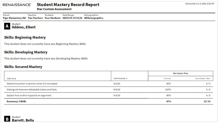 The Student Mastery Record Report