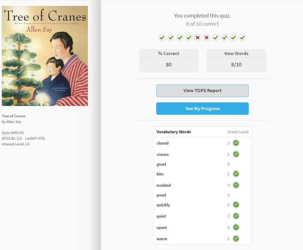 Accelerated Reader vocabulary practice quiz results