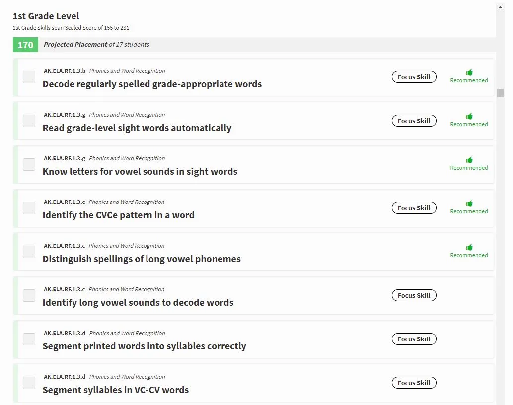 Renaissance Focus Skills Freckle student dashboard