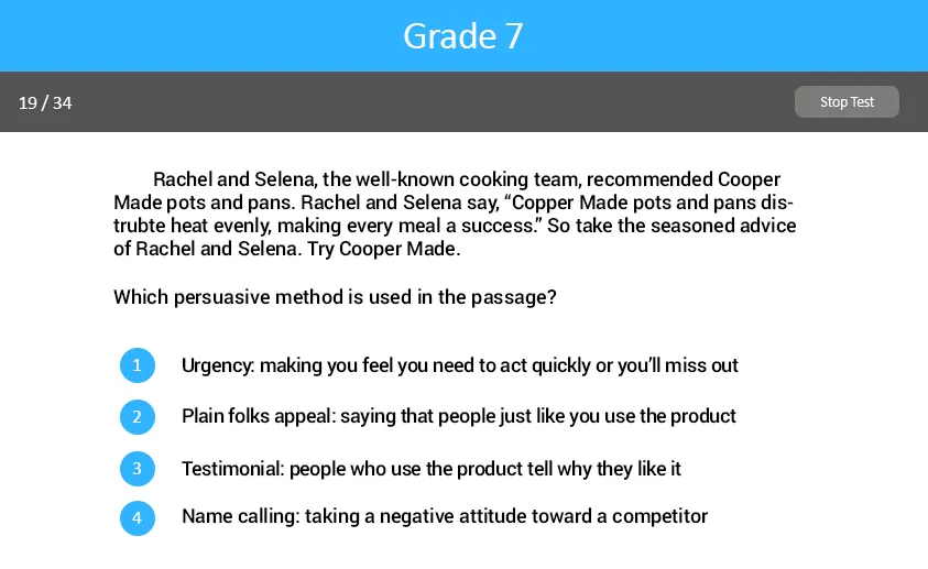 Analyzing Argument and Evaluating Text Grade Four test screenshot.