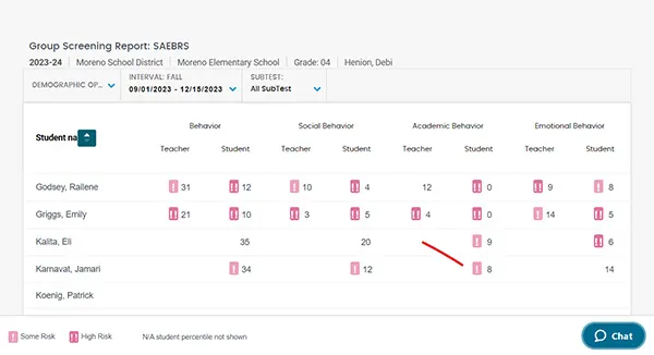 Screenshot of the SAEBRS group screening report