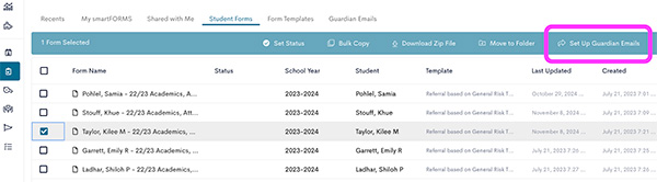 Set up a guardian email from the Student Forms page